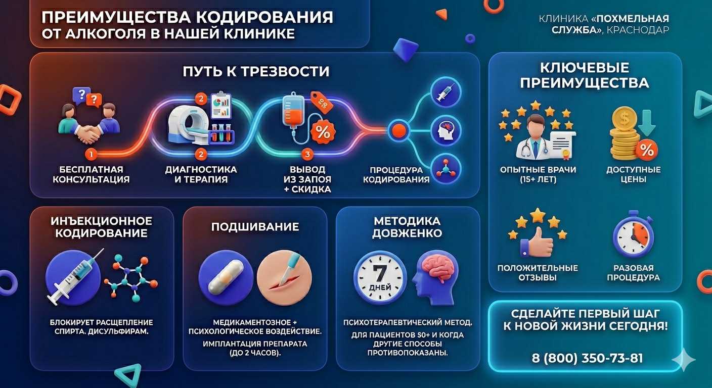 Инфографика о методах кодирования от алкоголя в Салехарде: инъекции, подшивание, метод Довженко. Преимущества клиники и этапы лечения.