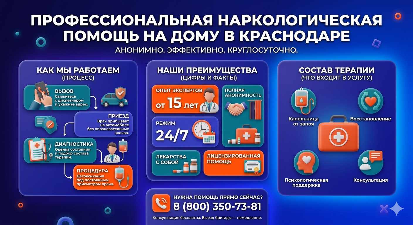 Инфографика о принципах лечения алкоголизма на дому в Салехарде: этапы вызова нарколога, преимущества анонимной детоксикации и состав медицинской помощи.